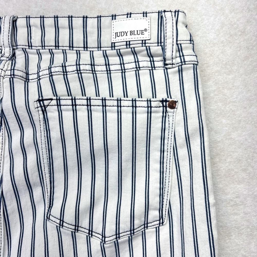 Judy Blue Super Flare Jeans Womens 15/32 White Navy Striped High Rise Western - Picture 7 of 16